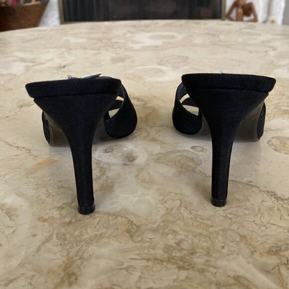 Stuart Weitzman Black Satin Heels Silver Rhinestone Moon & Star Mule Sandals - Picture 6 of 15